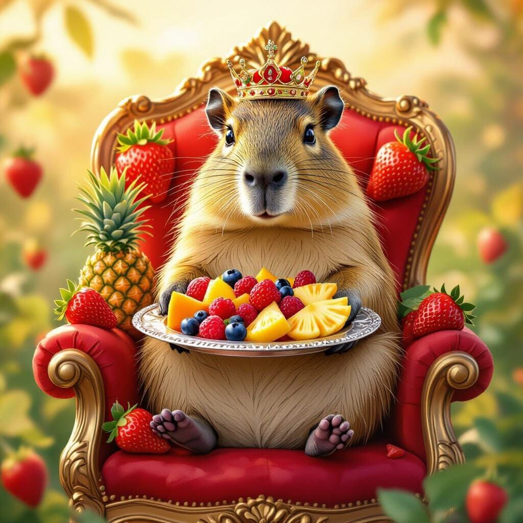 Princess Capybara on Strawberry Throne with Fruit Plate