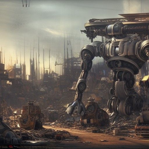 Robot in Dieselpunk Junkyard: 3D Rendered Scene