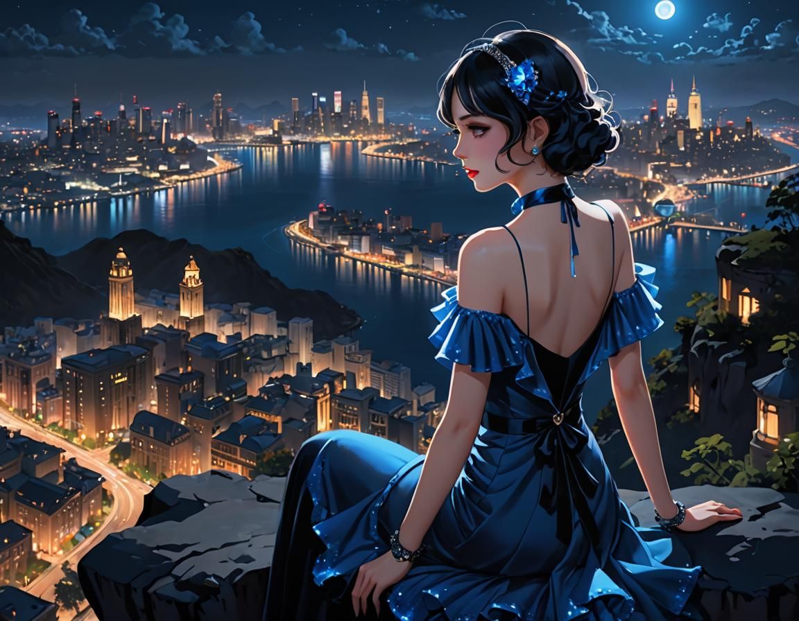 Night City View with Glowing Blue Dress: Anime Art