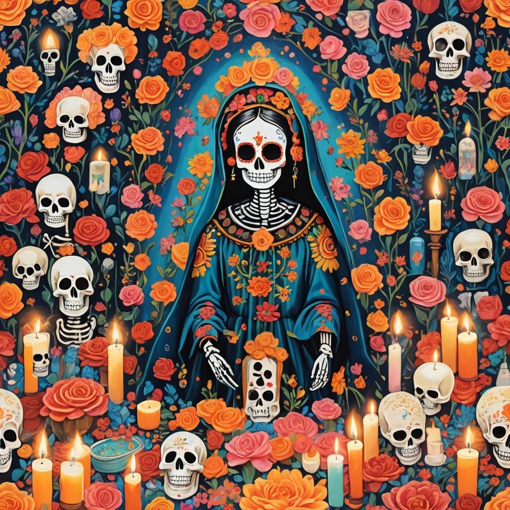 Porcelain Sugar Skull Virgen de Guadalupe Gouache