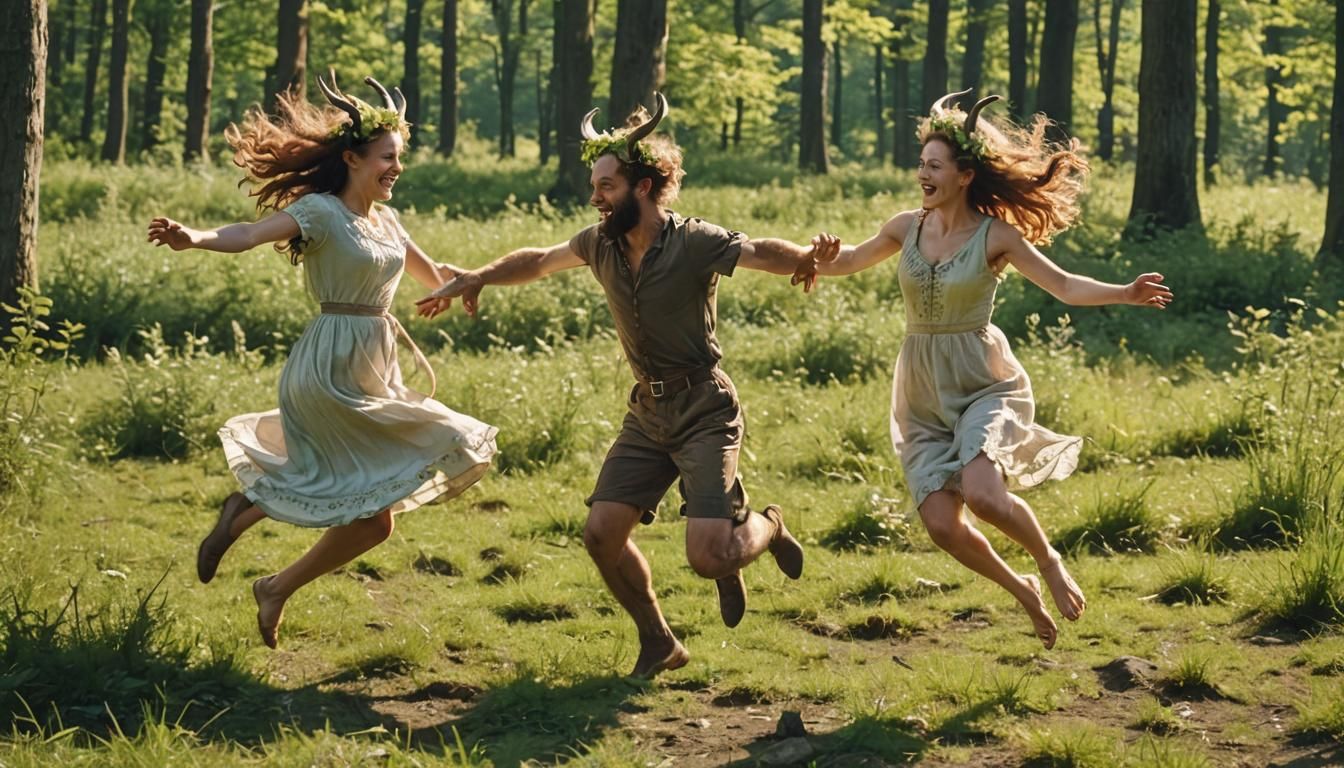 Satyr and Nymph Frolic in Sunny Forest