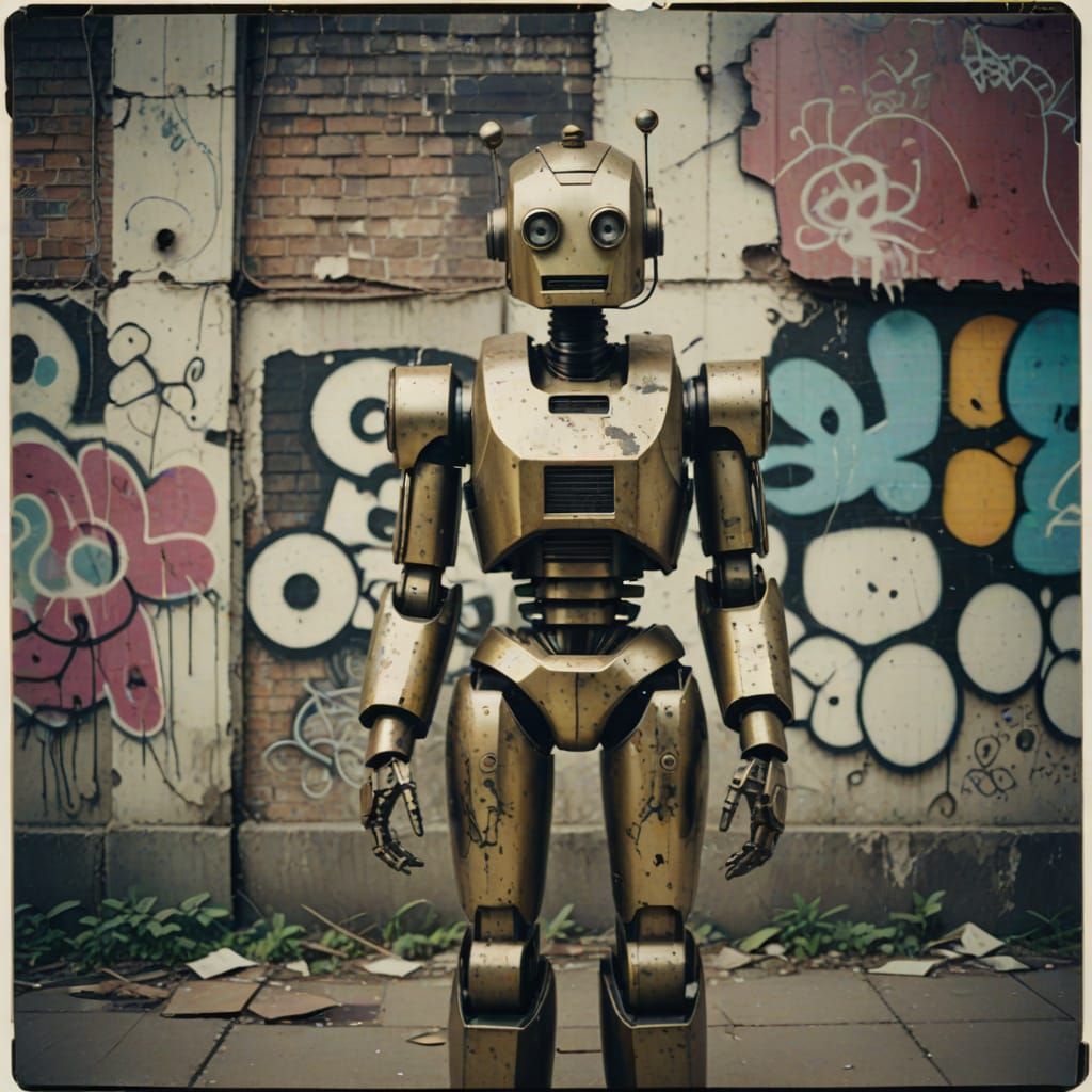 Brass Robot Woman in 70s Polaroid Style