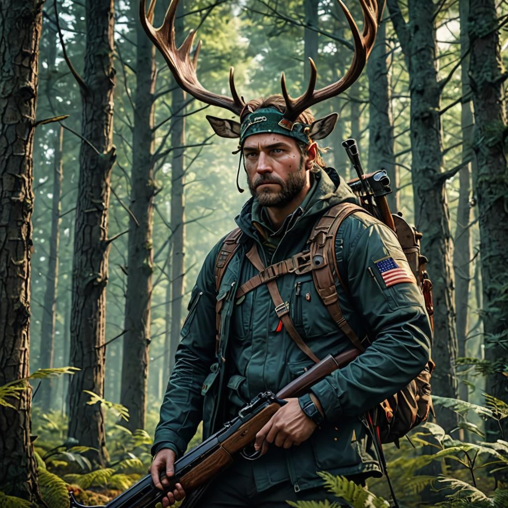 Hyperrealistic Hunter with Antlers Color Pencil Sketch