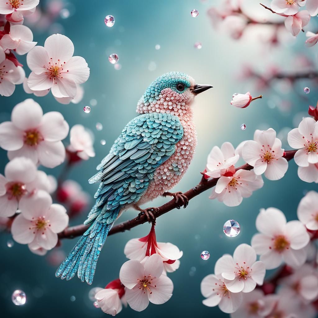 Diamond Bird on Blossoming Cherry Branch