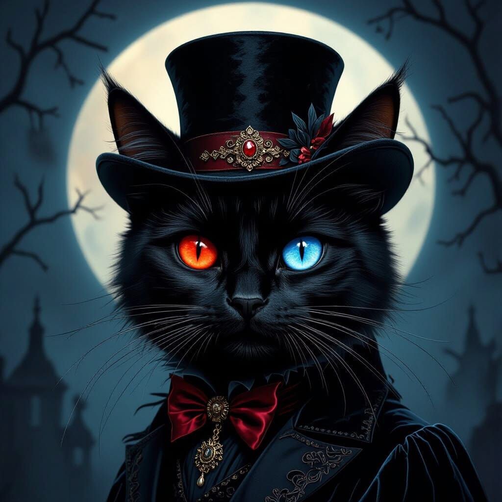 Gothic Vampire Cat in Moonlit Mystical Scene
