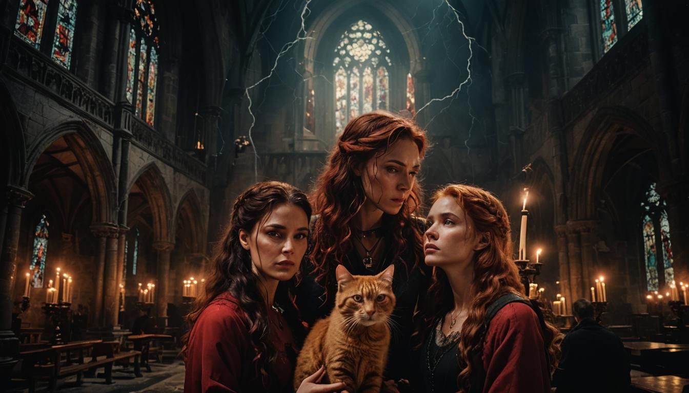 Eerie Gothic Church Scene with Mages and Lightning