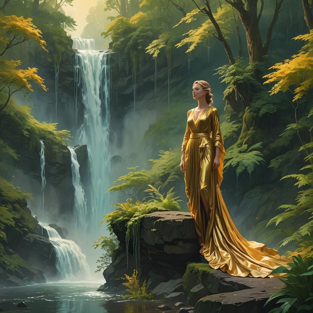 Regal Woman at Iridescent Waterfall: Fantasy Art