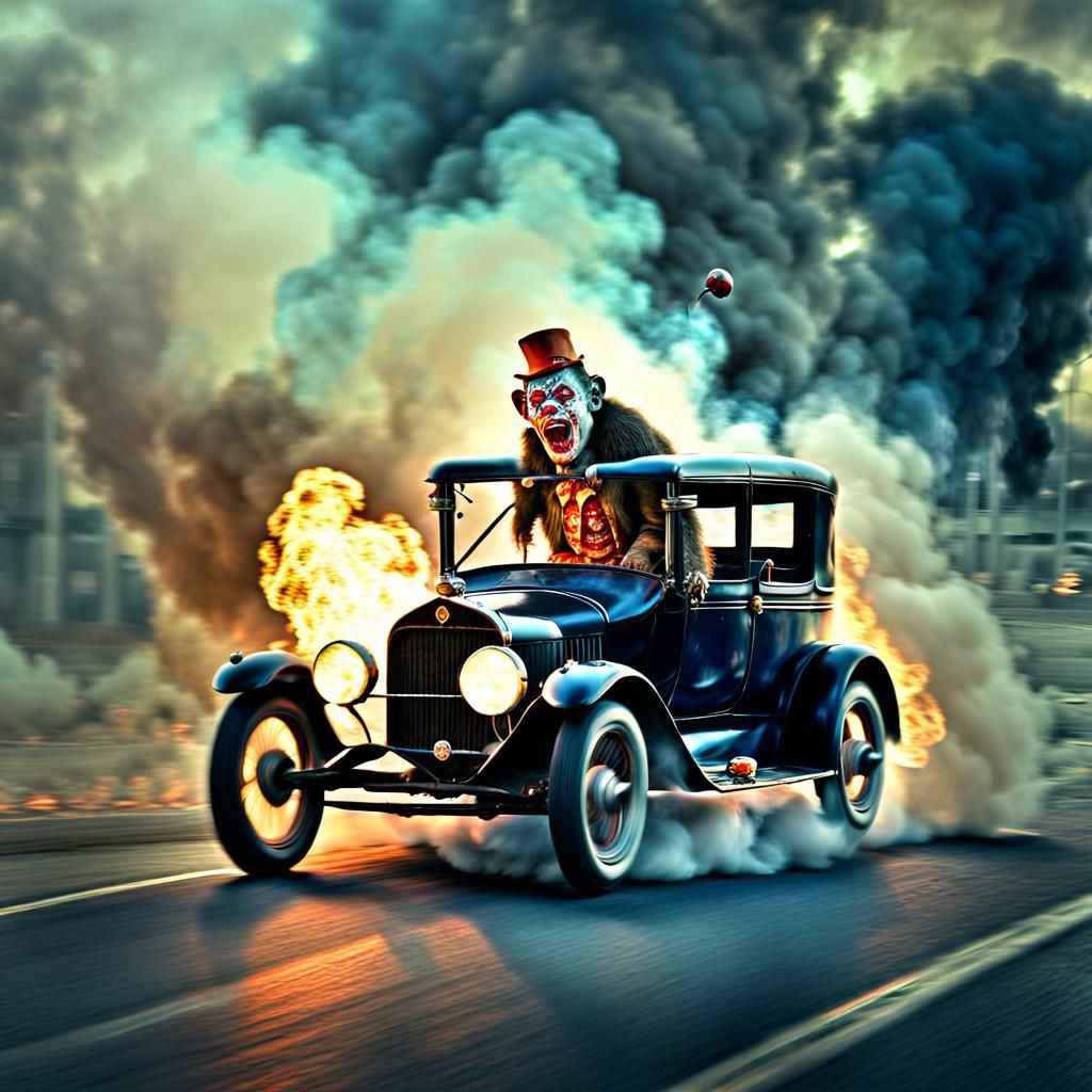 Zombie Monkey Clown in Burning Car