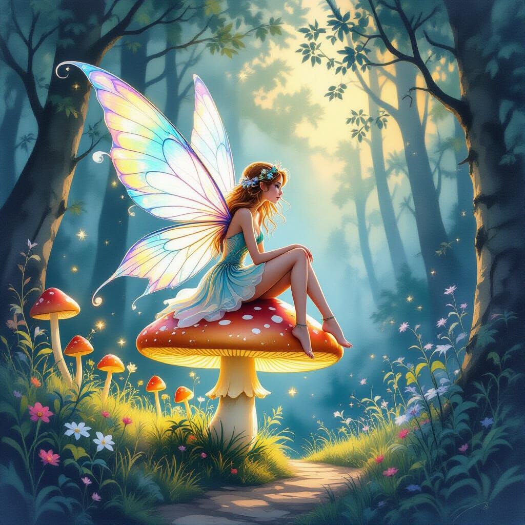 Whimsical Fairy Riding Glowing Mushroom in Forest Twilight