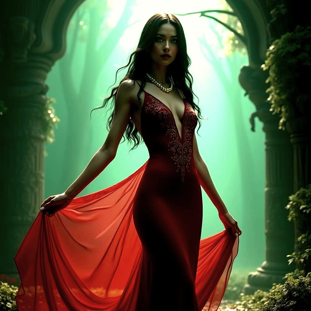 Woman in Red Dress: Detailed Matte Painting