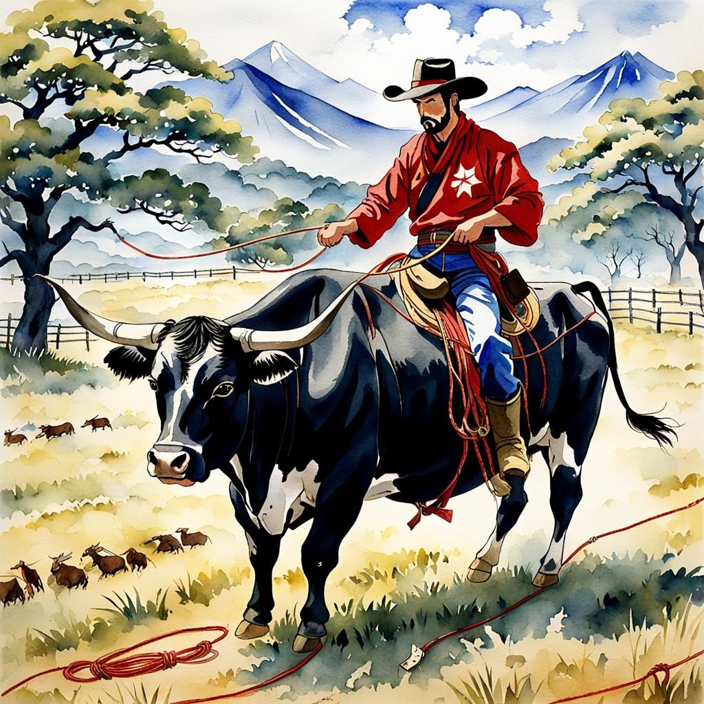 Anime Cowboy Roping Steer: Kintsugi Watercolor Folk Art