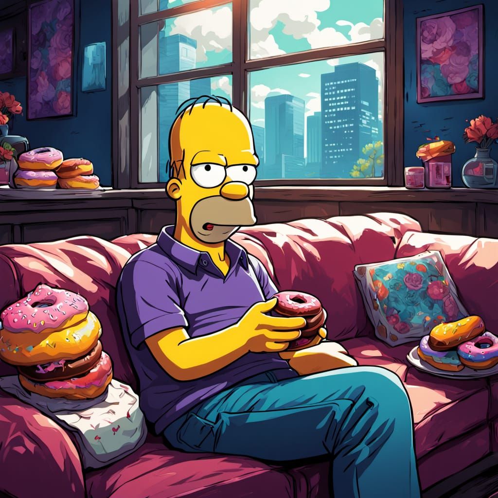 Anime Homer Simpson Savoring Donuts in Vibrant Digital Art