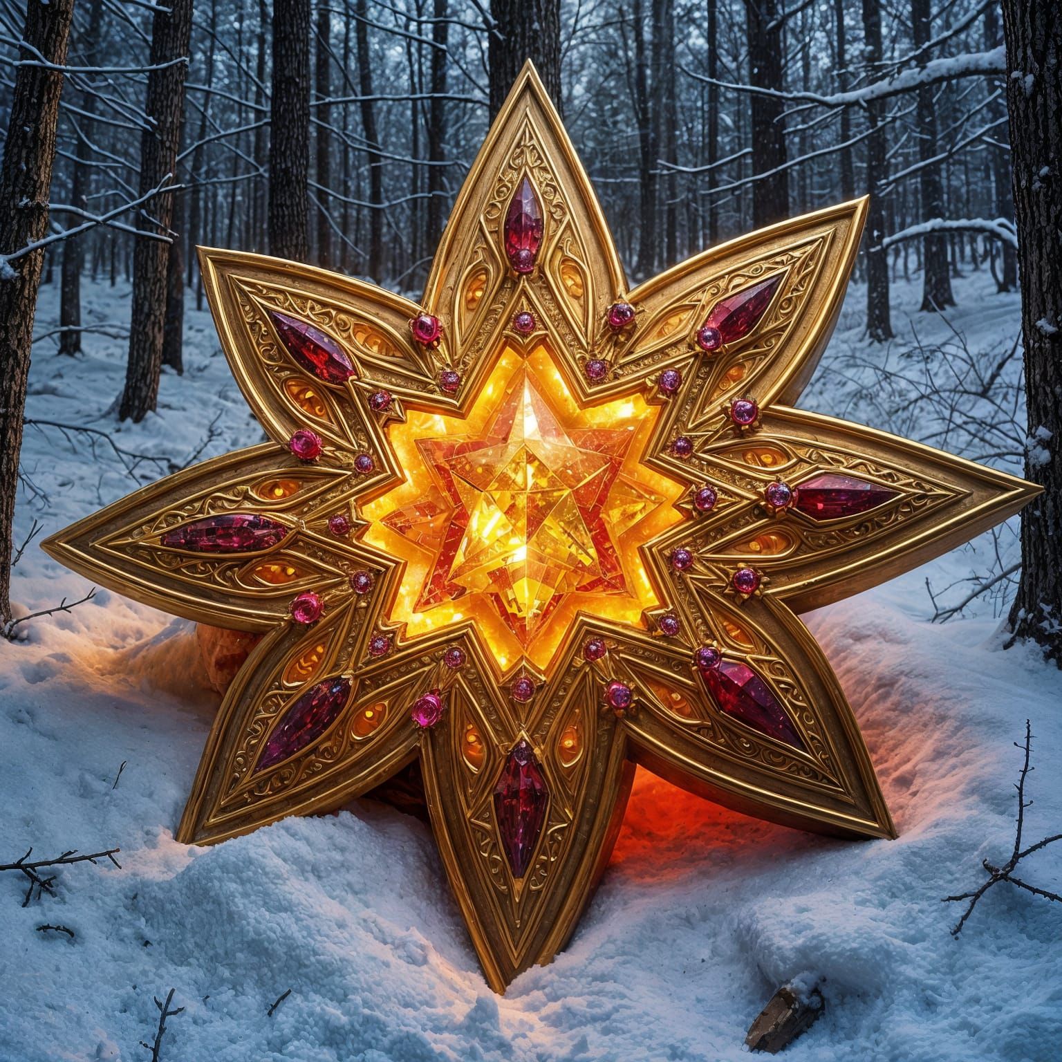 Golden Star with Rubies and Runes in Snowy Forest