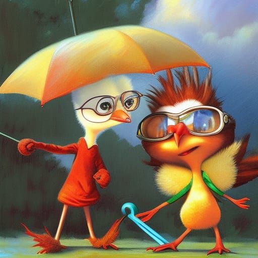 Chicken Little Awaits Falling Sky: Fantasy Oil Painting