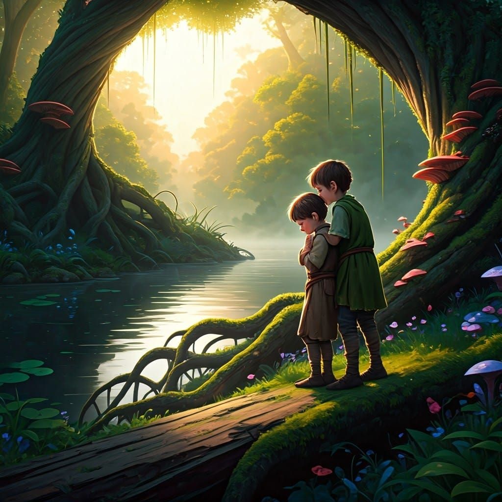 Brothers' Sunrise Embrace: Dreamlike Fantasy Art