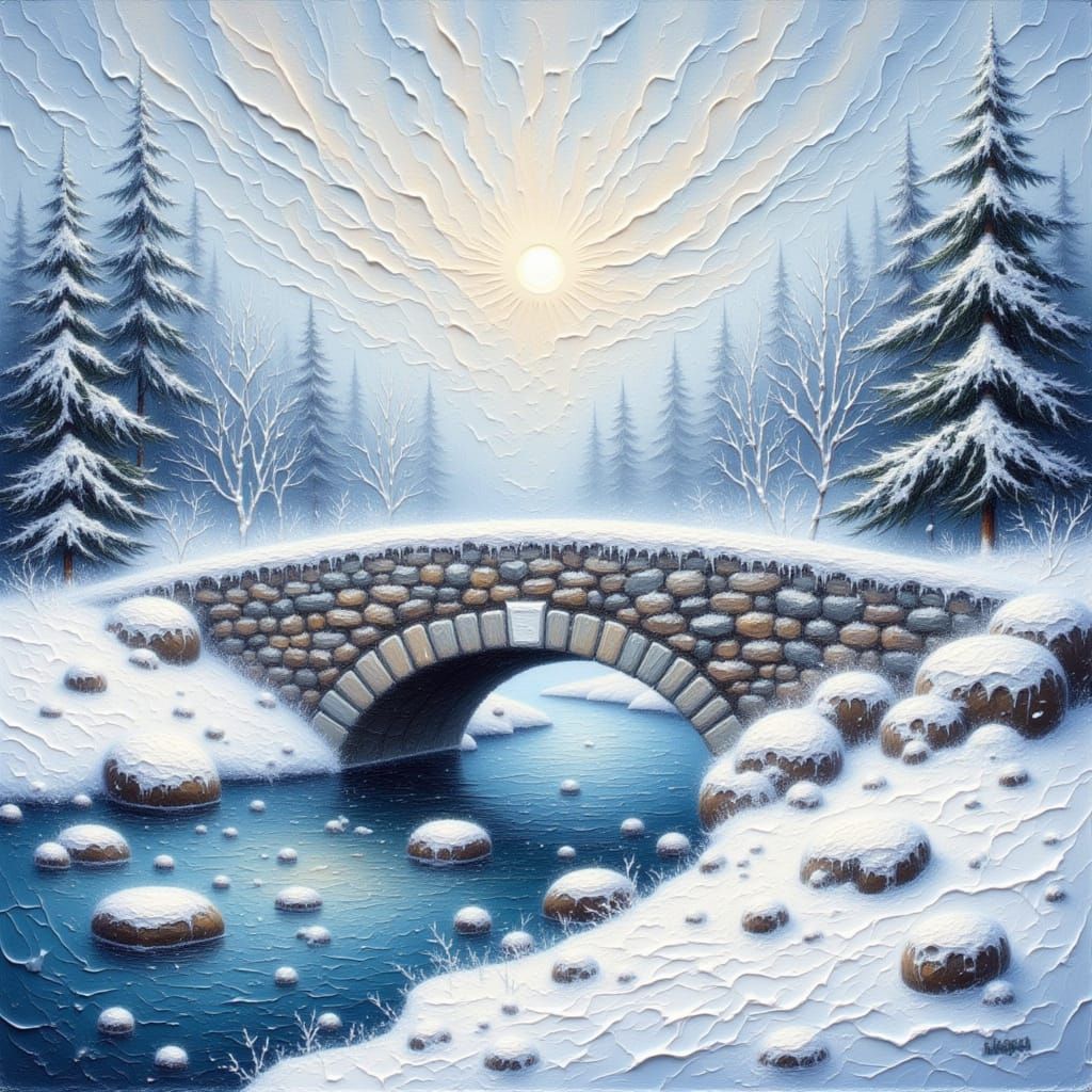 Textured Impasto Painting of Snowy Country Landscape