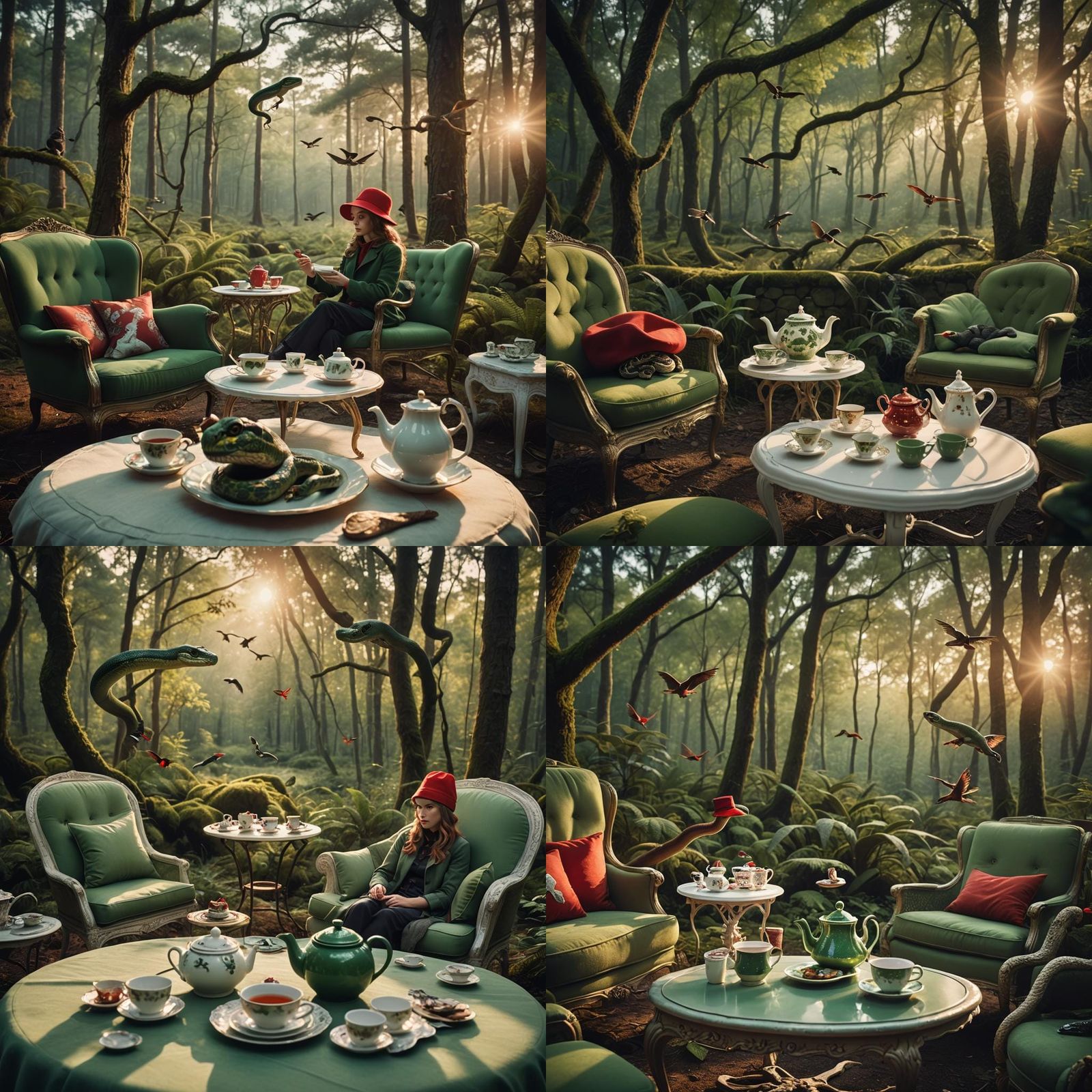 Anthropomorphic Snake Tea Party in Forest at Sunset