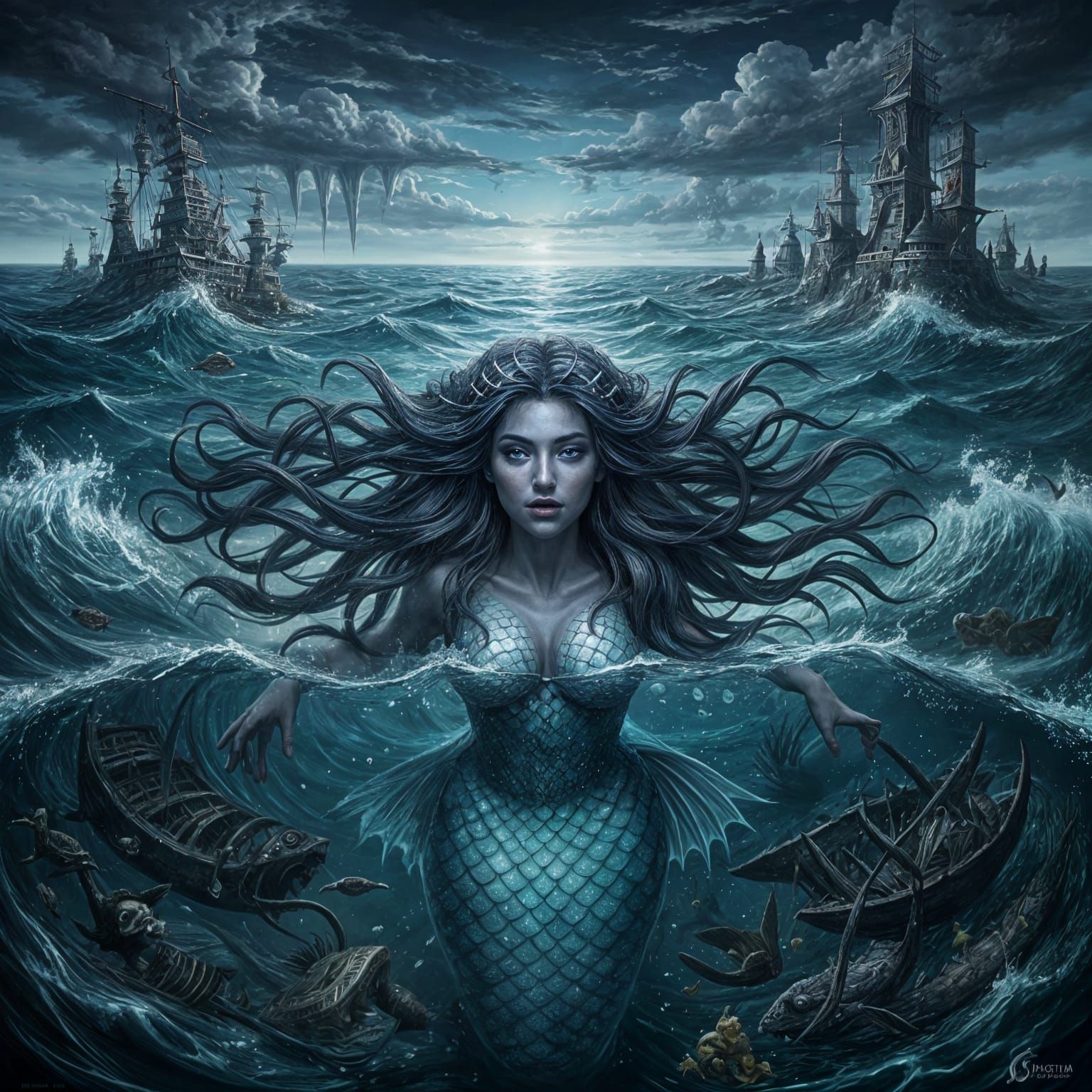 Mysterious Mermaid Sings to Pirates from Stormy Ocean