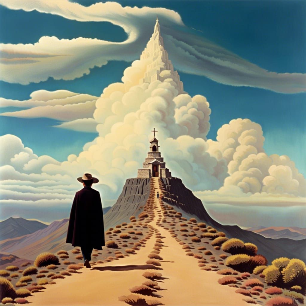 Pilgrim's Ascent to Holy Mountain in Surrealist Style