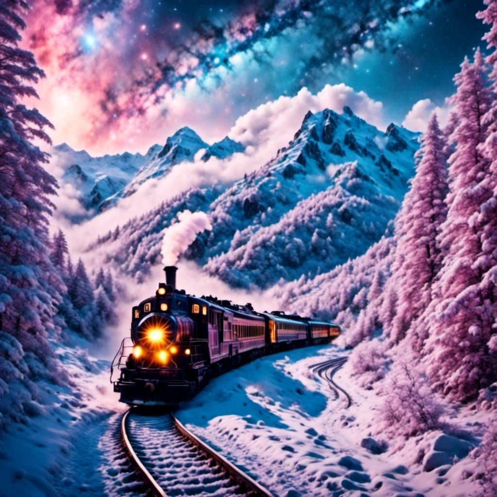 Snowy Train Journey Through Sparkling Galaxy