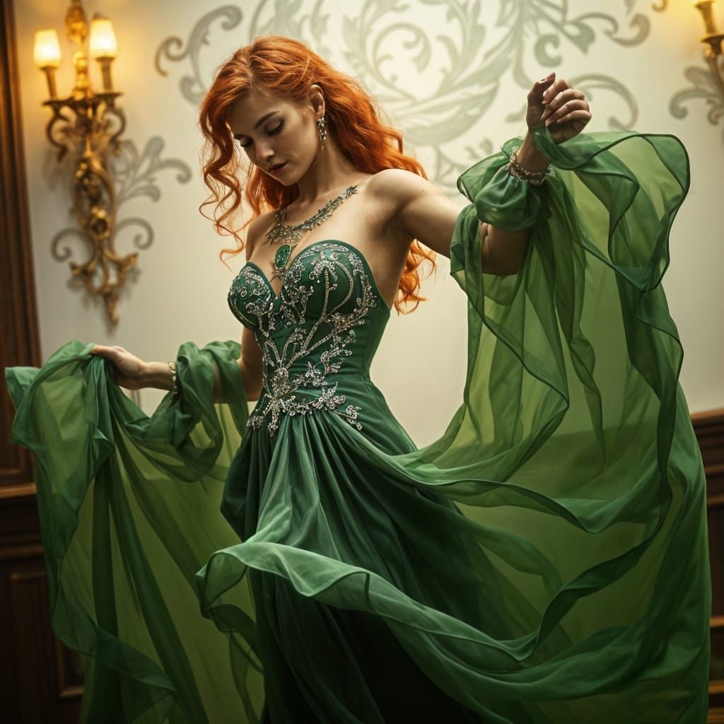 Elegant Redhead Dancing Tango in Emerald Gown