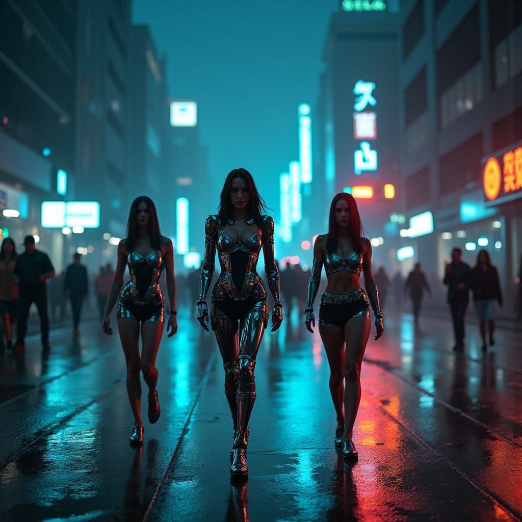 Neon Cyborgs Stroll Rainy Cyberpunk Cityscape