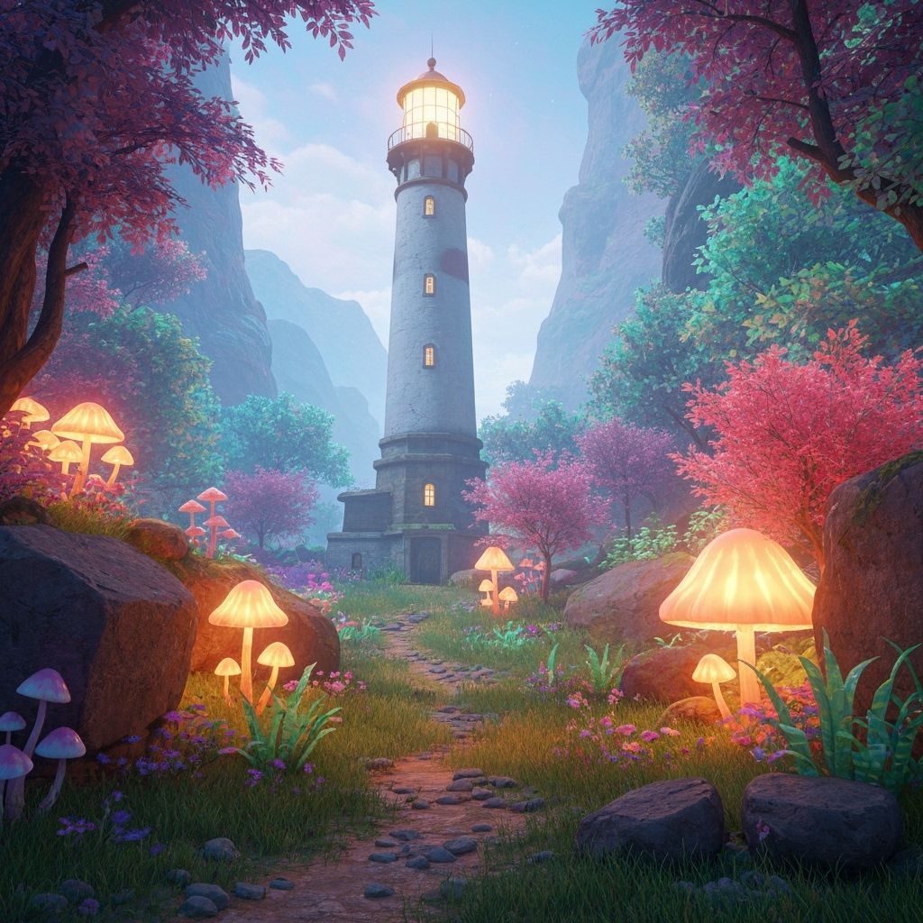 Lighthouse in Valley of Glowing Mushrooms: Dreamcore Art