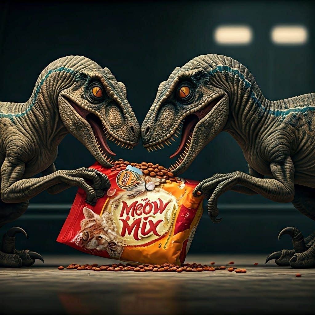 Velociraptors Feast on Cat Food in Cinematic Style