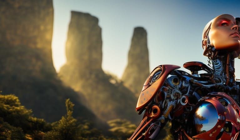 Biomechanical Cyborg Contemplating Forest: Hyperrealistic Di...