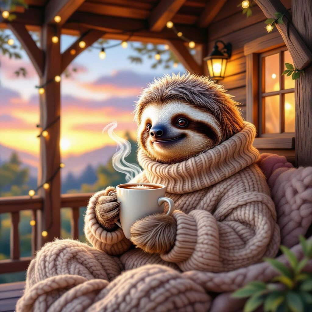 Cozy Sloth Enjoys Hot Cocoa in Treehouse at Sunset