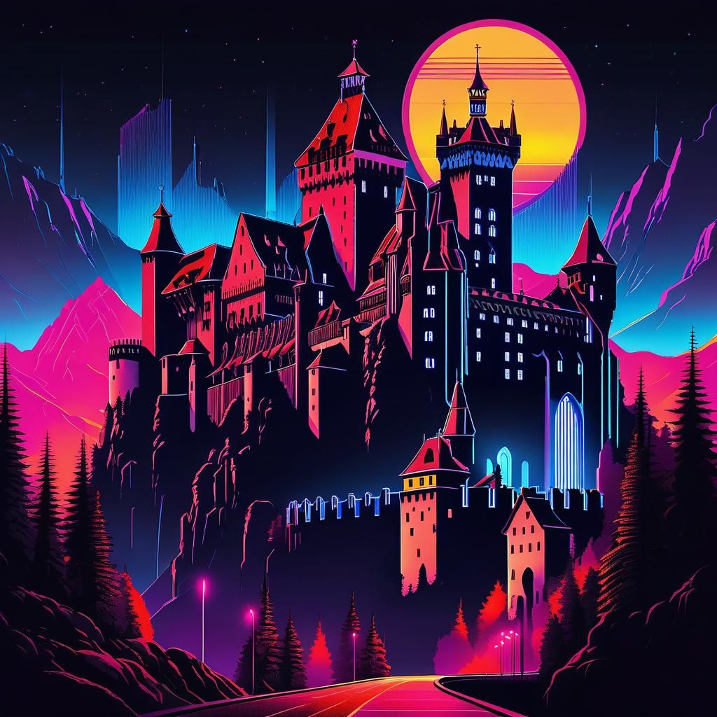 Bran Castle in Neon Cyberpunk Solarpunk City