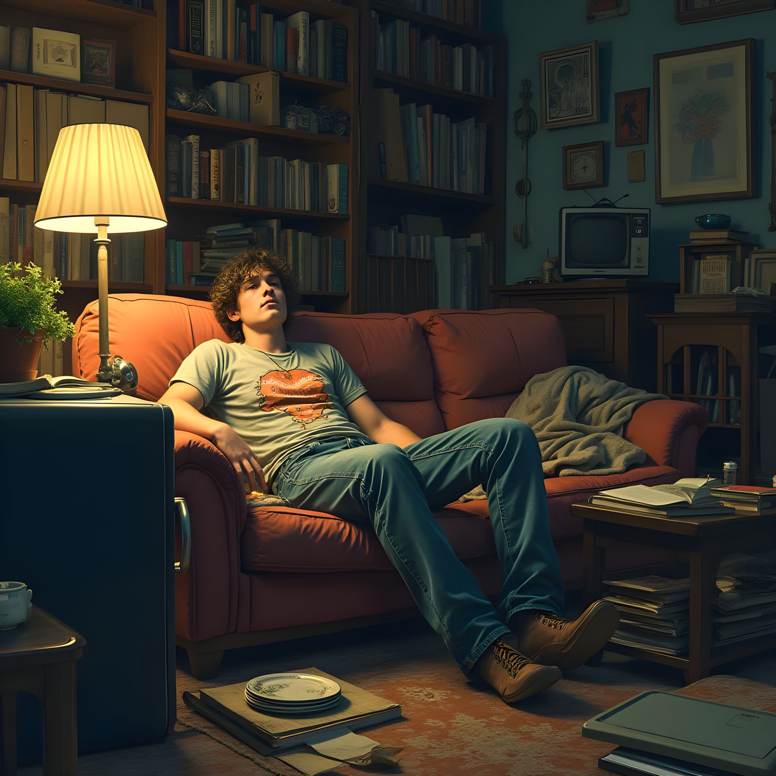 A Young Man at Home, Relaxing in a Cozy but Cluttered Room