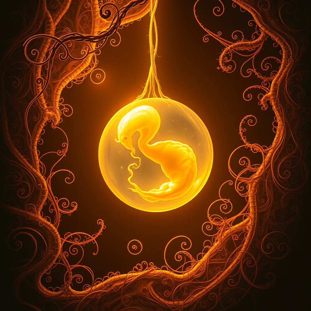 Surreal Embryo Radiates Golden Light Amidst Intricate Patter...