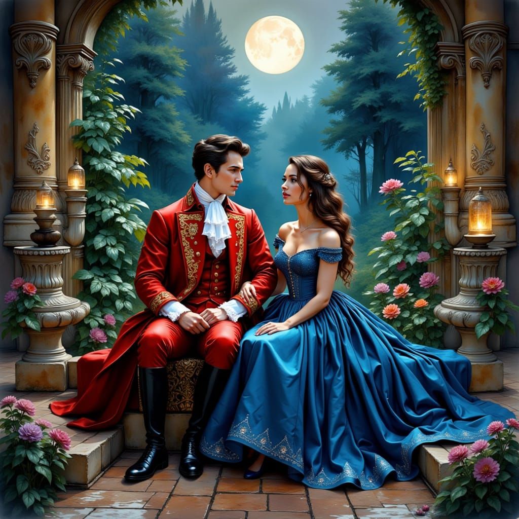 Elegant Count and Countess in Moonlit Garden as Watercolor