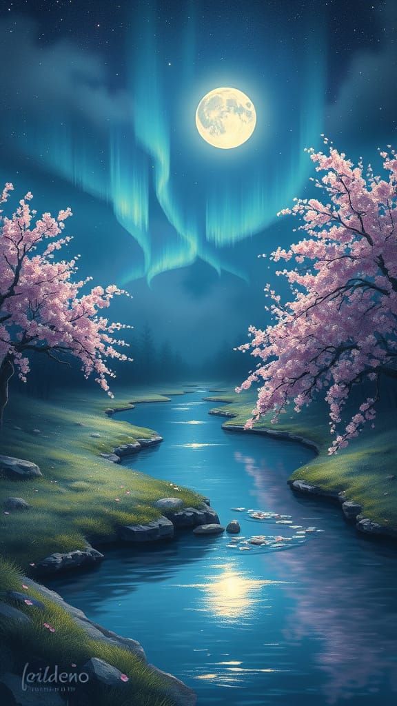 Serene Cherry Blossom Clearing at Night with Auroras