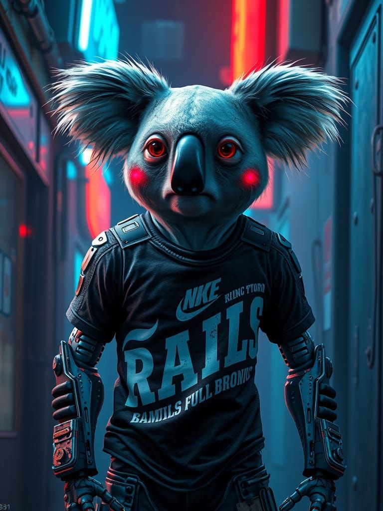 Koala Cyborg in Neon Cyberpunk Alley
