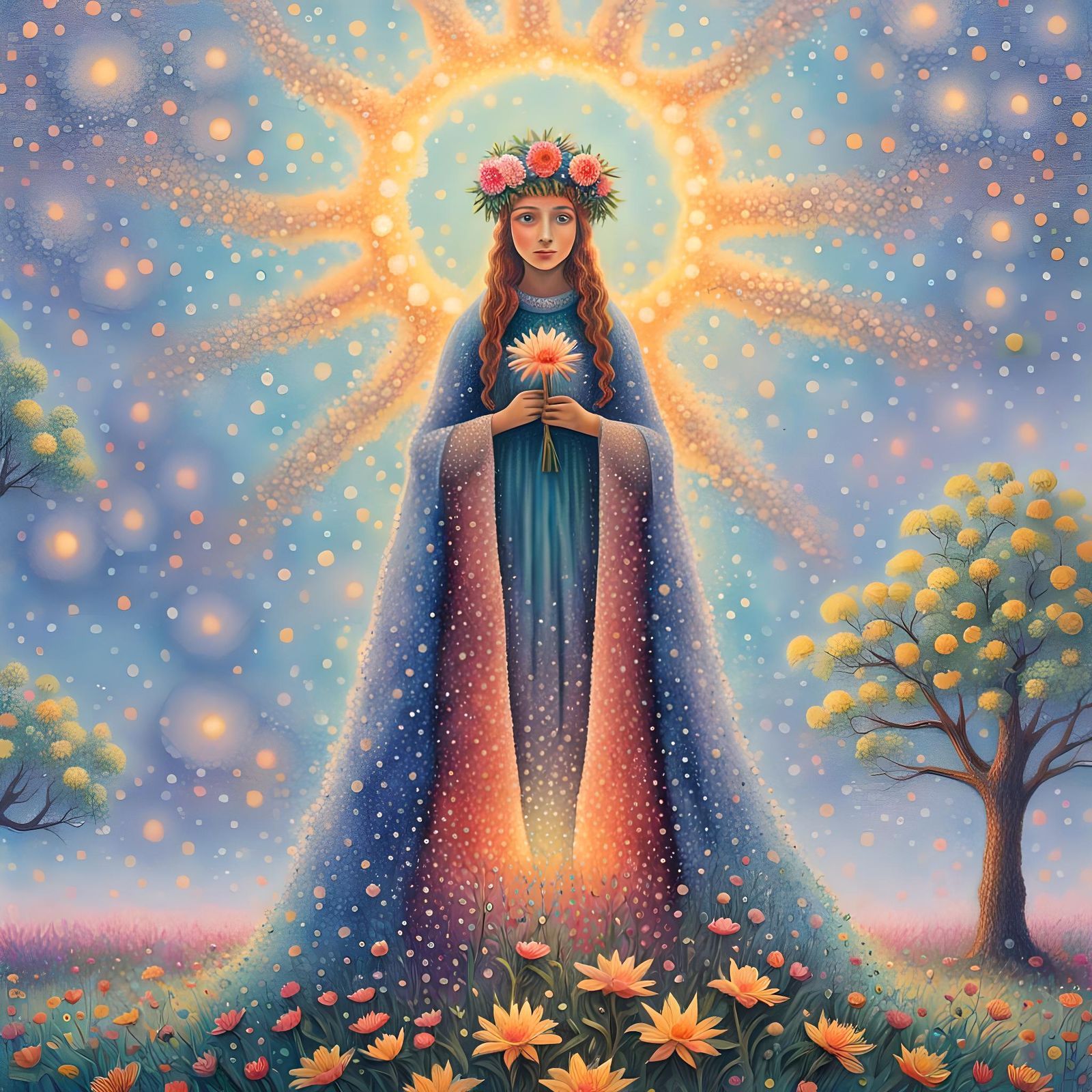 Ethereal Flower Woman in Pointillism Style