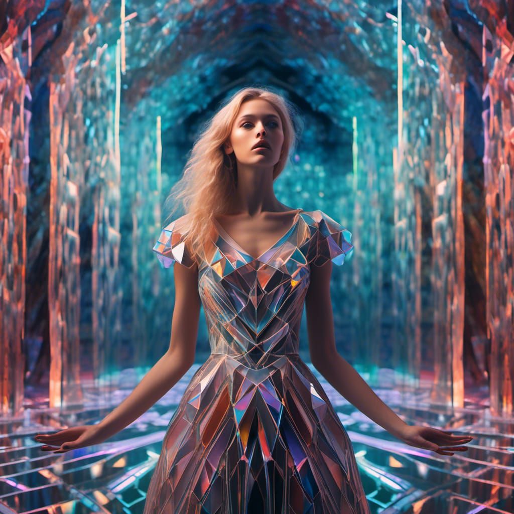 Ethereal Woman in Crystal Labyrinth with Aurora