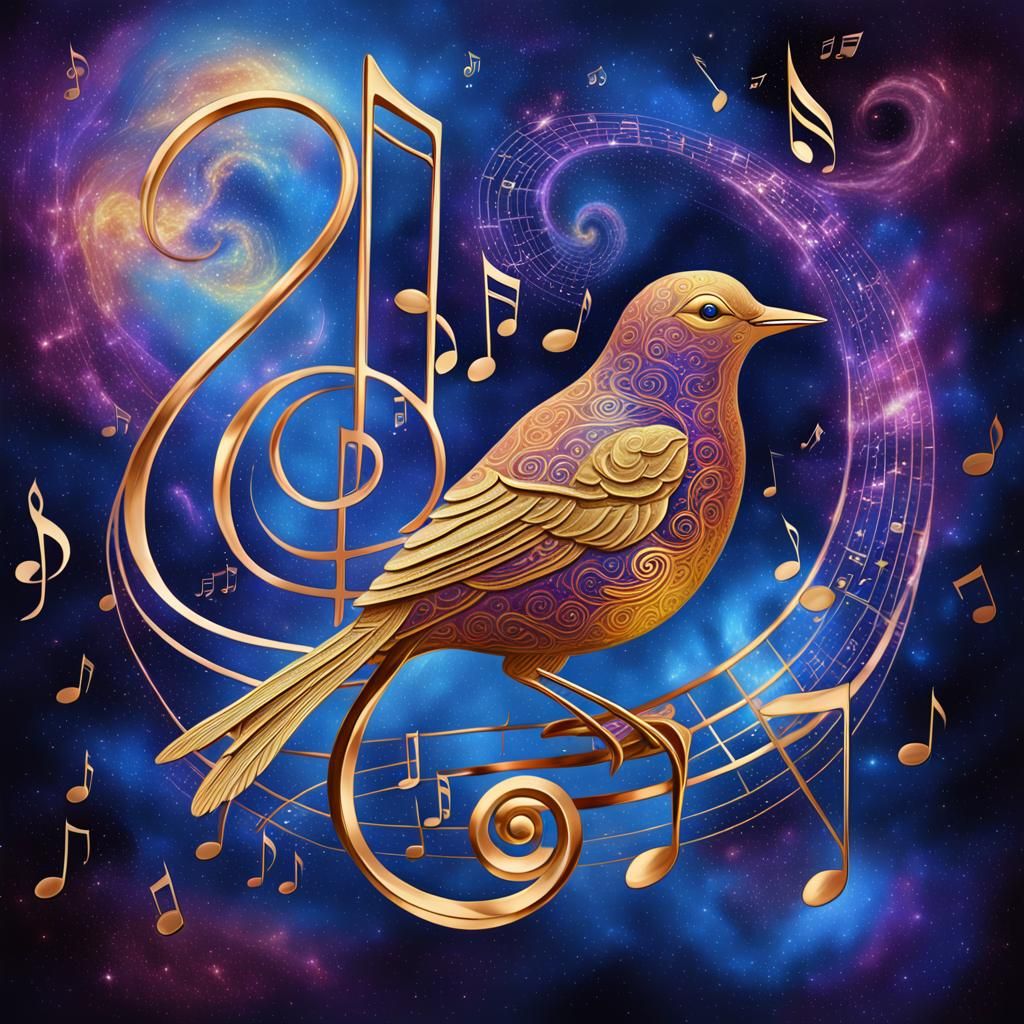Golden Bird of Musical Notes in Cosmic Scene