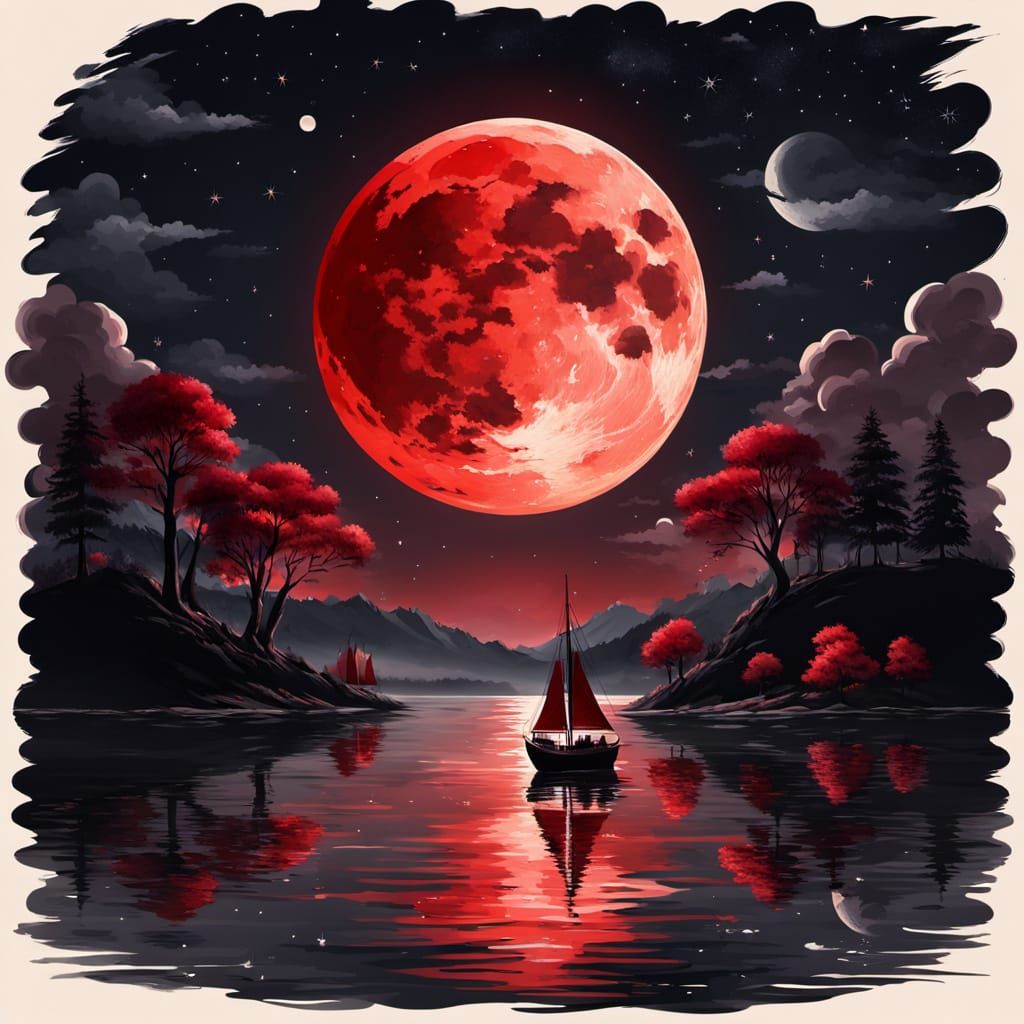Night Landscape with Red Moon and Glowing Ship