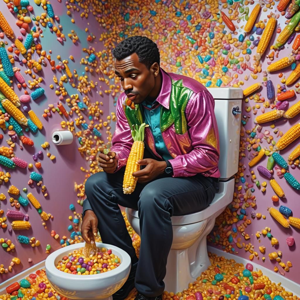 Man Kissing Corn on Toilet in Candy Art Style