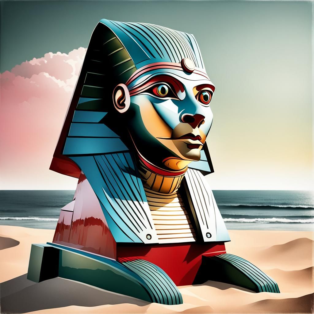 Surreal Sphinx on Lonely Beach in Surrealist Style