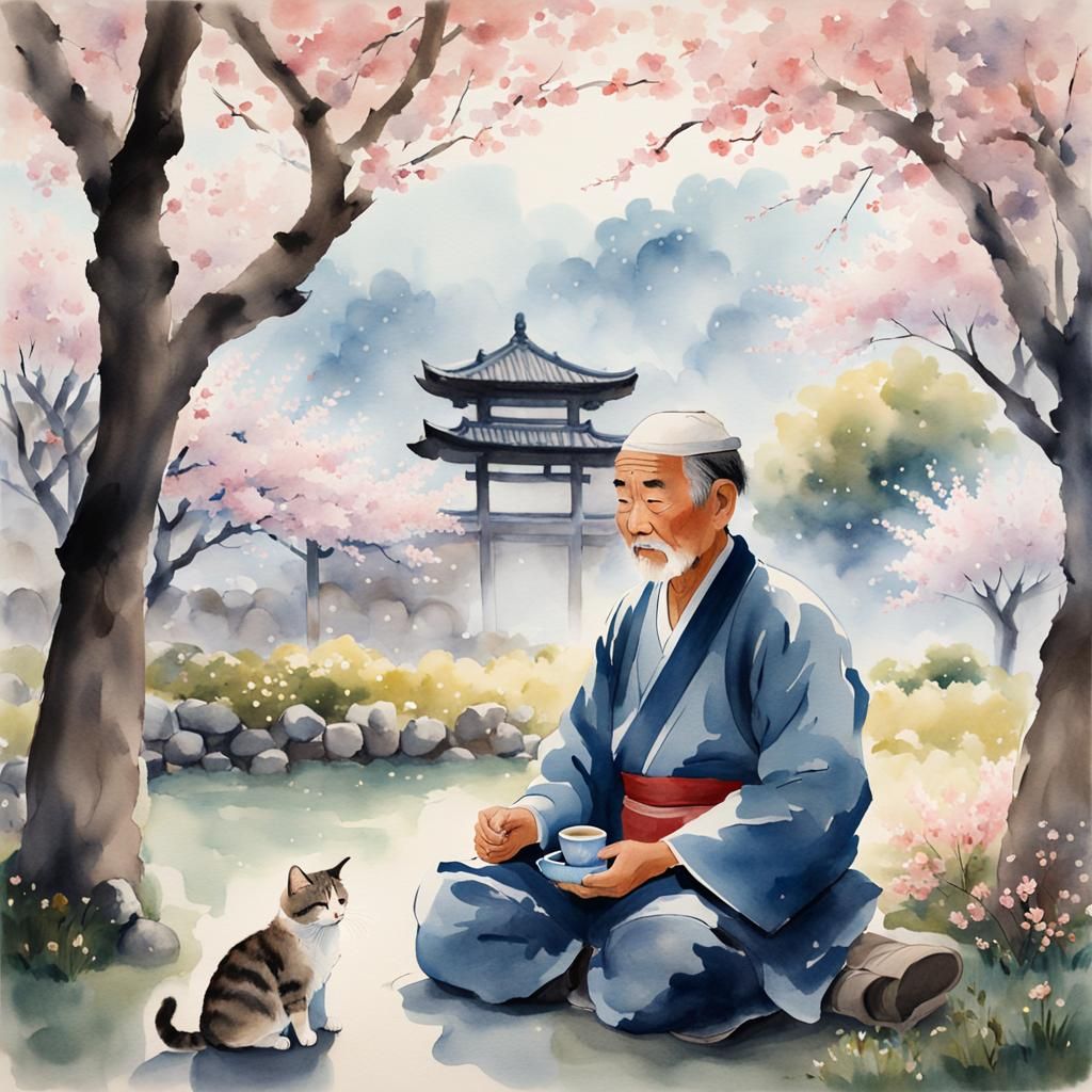 Zen Garden Meditation in Glaucous Watercolor Style