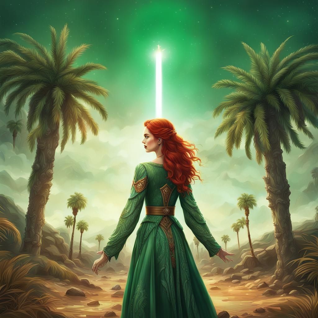 Redhead Woman with Lightsaber in Oasis, Fantasy Art