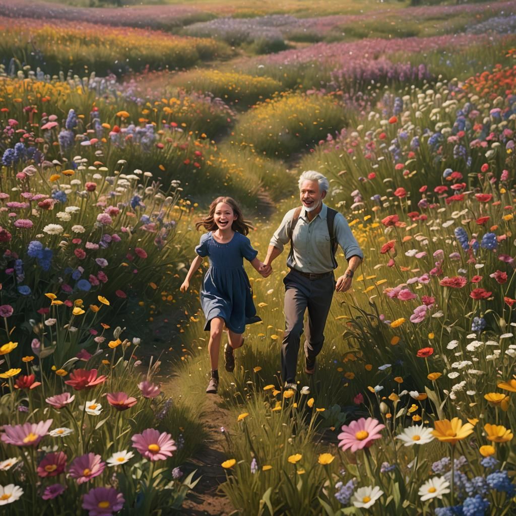 Joyful Parents Running to Daughter in Flower Field