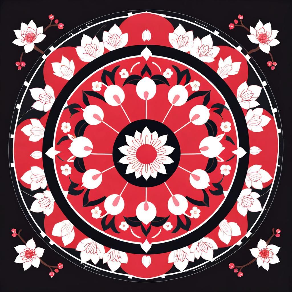 Minimalist Japanese Mandala with Lotus and Cherry Blossoms