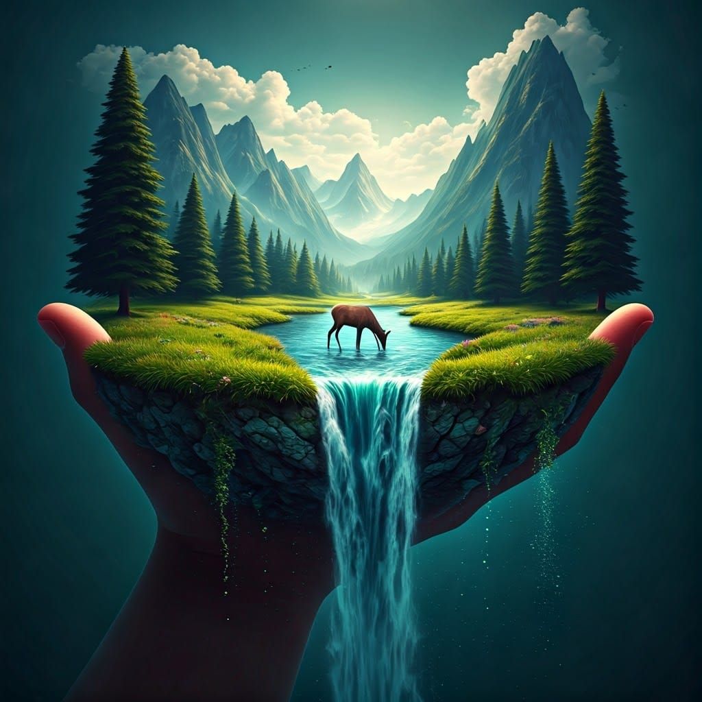 Surreal Elk Drinks From Hand River