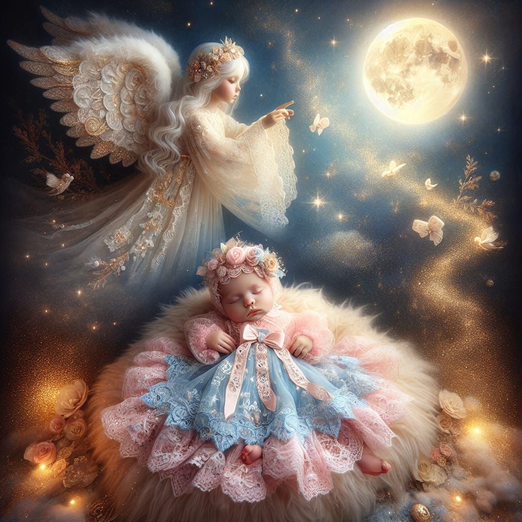 Guardian Angel Watching Over Sleeping Baby in Moonlight