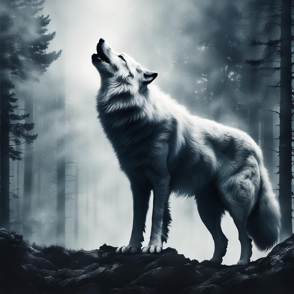 White wolf howling in white smoke in a silhouette forest