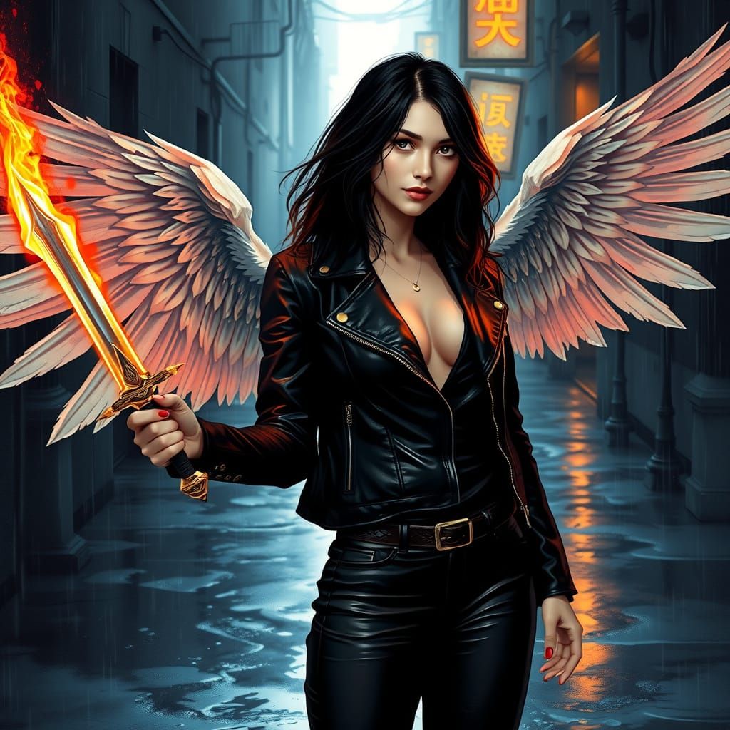 Angelic Warrior in Rain-Soaked Alleyway